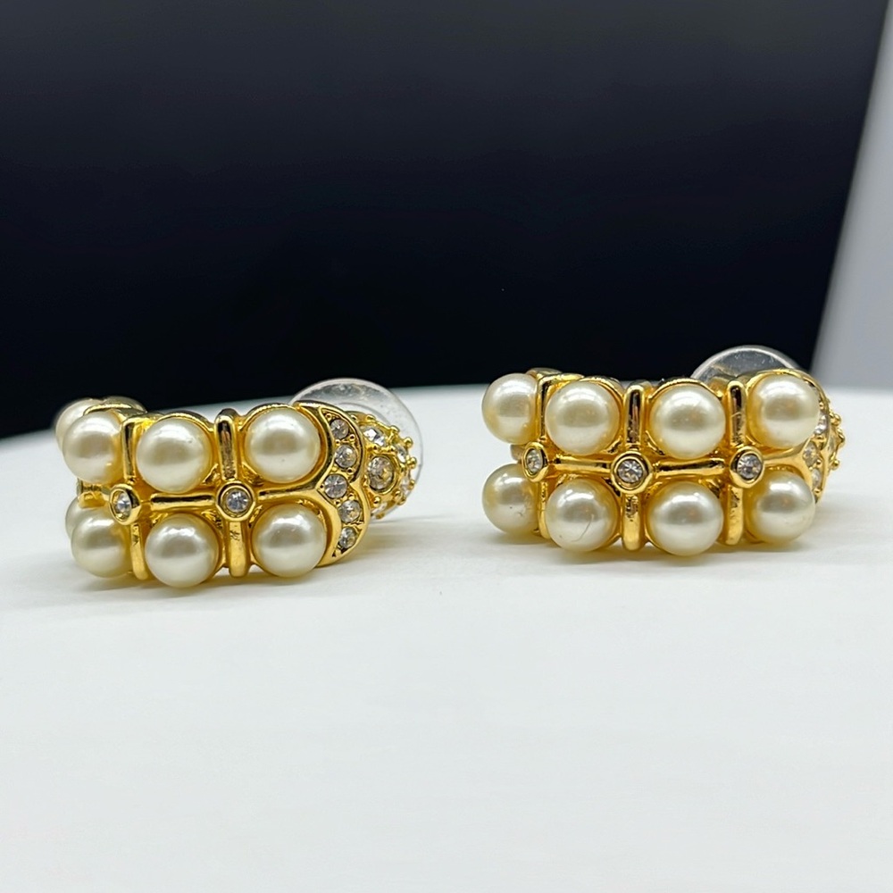 Signed Nolan Miller gold tone faux pearl and crystal open hoop earrings